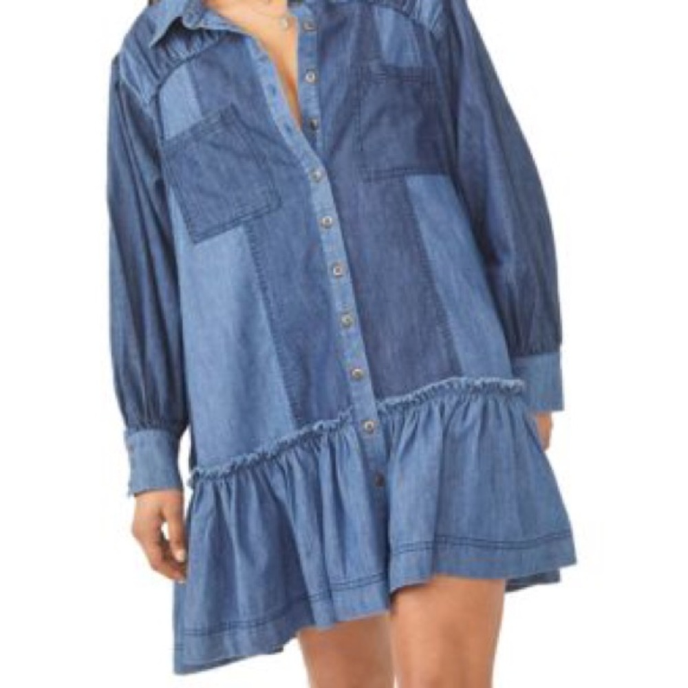 Free People Blue Ruffled Long Sleeve Dress